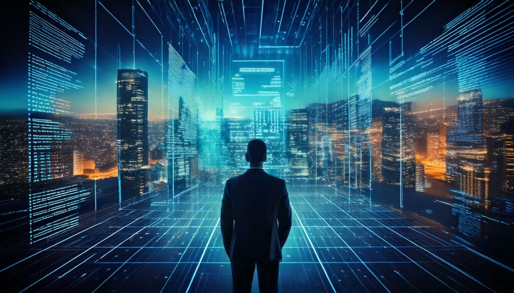 A person in a suit stands facing a digital cityscape with holographic-style data overlays, symbolising advanced technology and interconnected networks. The illuminated city skyline blends with glowing blue digital elements, representing a futuristic, high-tech environment.