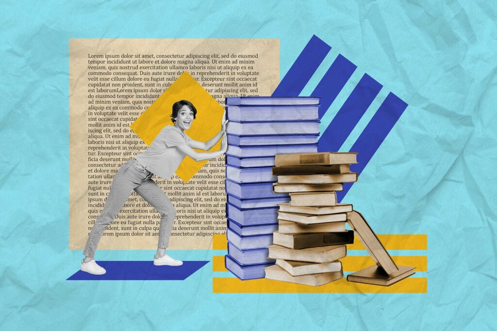Creative collage picture of cheerful mini black white gamma girl push big pile stack book isolated on drawing blue background