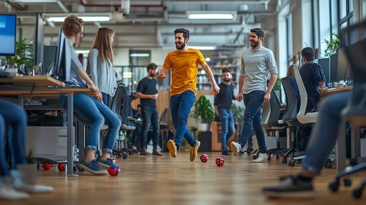 A lively office environment where employees are engaging in a casual game, with one person in a yellow shirt playfully kicking a small ball while others watch and smile. The open-plan workspace features desks, computers, and a relaxed, collaborative atmosphere.